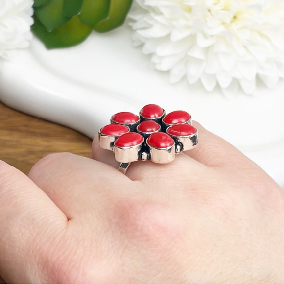 Red Coral Ring Size 9 Sterling Silver 925 Flower Cluster Vintage Southwest - Picture 5 of 10